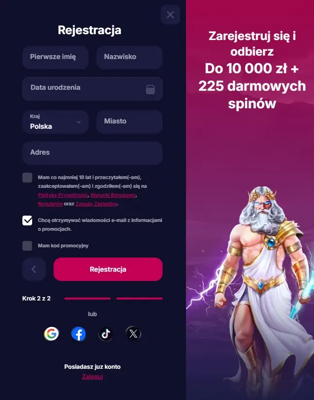 formularz rejestracyjny NVCasino drugi krok